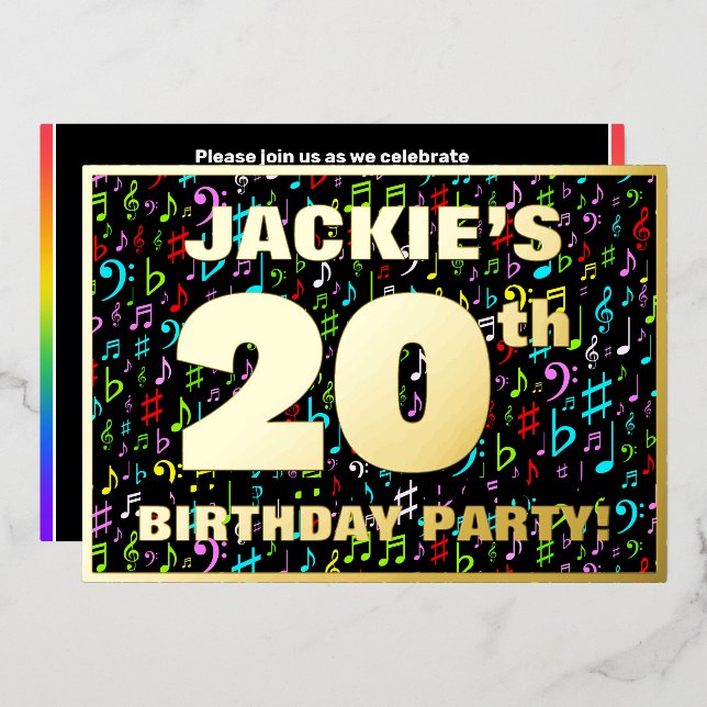 20th Birthday Party — Fun, Colorful Music Symbols Foil Invitation (Front/Back)