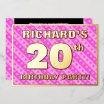 [ Thumbnail: 20th Birthday Party — Fun Pink Hearts and Stripes Invitation ]