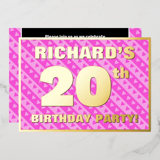 20th Birthday Party — Fun Pink Hearts and Stripes Foil Invitation (Front/Back)