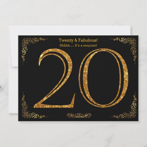 20th Birthday partyGatsby stylblack gold glitter Invitation