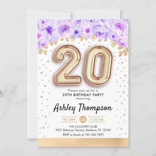 20th Birthday Party _ Gold Balloons Purple Invitation