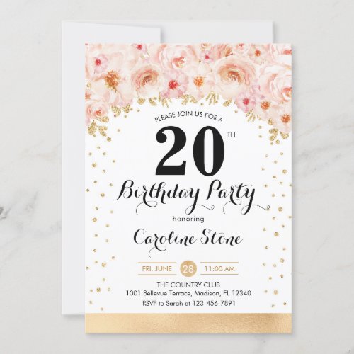20th Birthday Party _ Gold Flowers Invitation