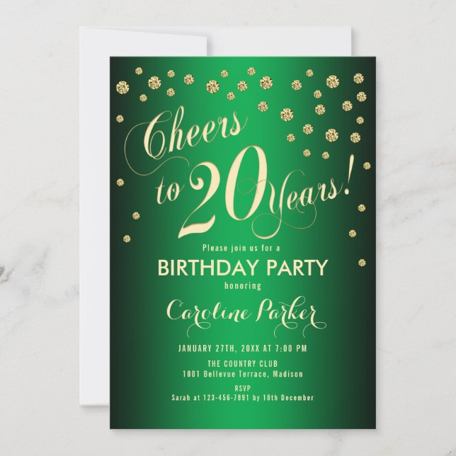 20th Birthday Party - Gold Green Invitation (Front)