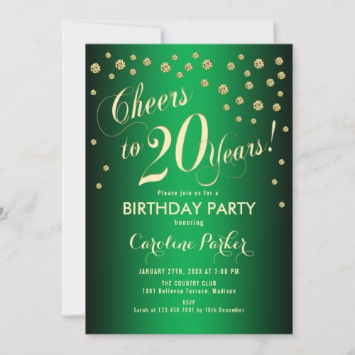 20th Birthday Party _ Gold Green Invitation