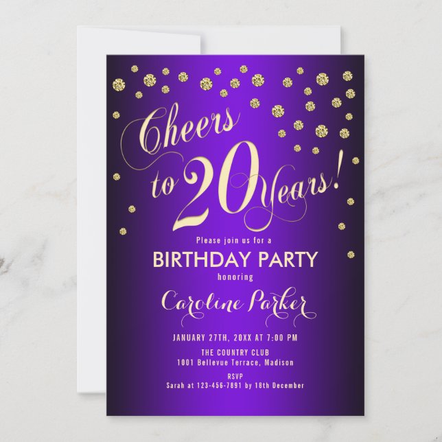 20th Birthday Party - Gold Purple Invitation (Front)