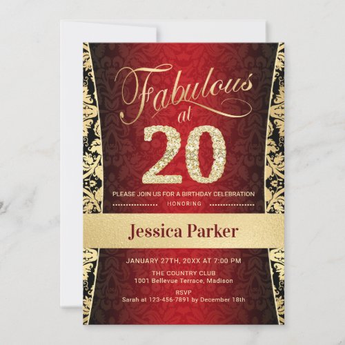 20th Birthday Party _ Gold Red Black Invitation