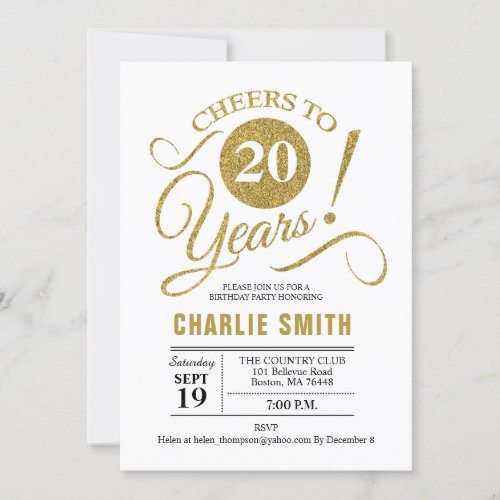 20th Birthday Party _ Gold White Invitation