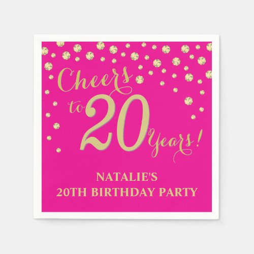 20th Birthday Party Hot Pink and Gold Diamond Napkins