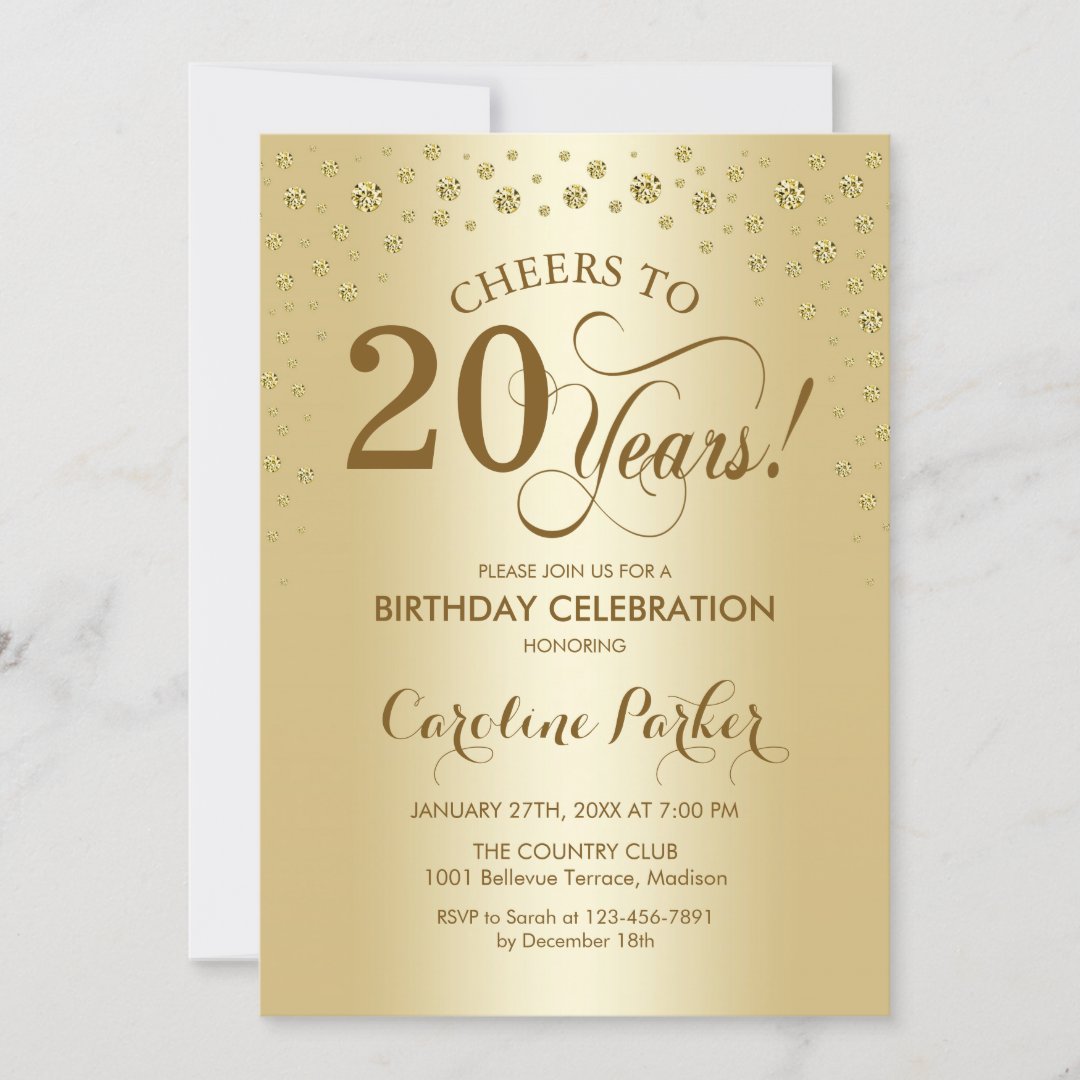 20th Birthday Party Invitation - Gold | Zazzle