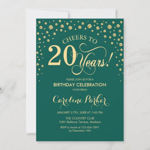 20th Birthday Party Invitation - Gold Green