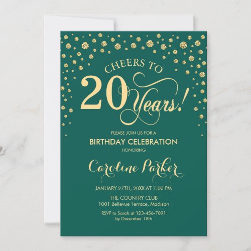 20th Birthday Party Invitation _ Gold Green