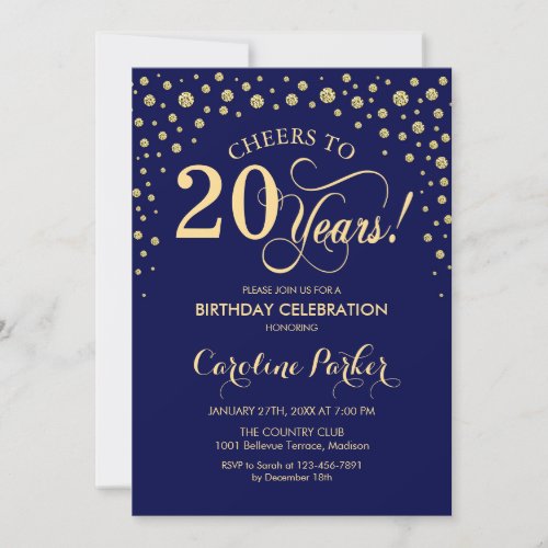 20th Birthday Party Invitation - Gold Navy Blue