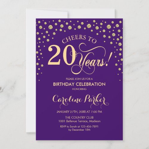 20th Birthday Party Invitation - Gold Purple