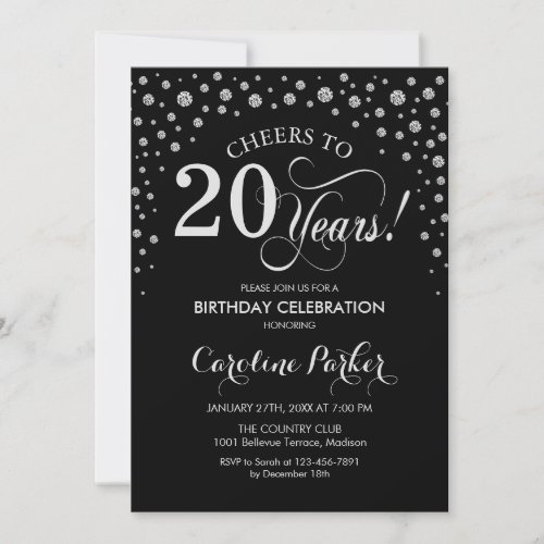 20th Birthday Party Invitation - Silver Black