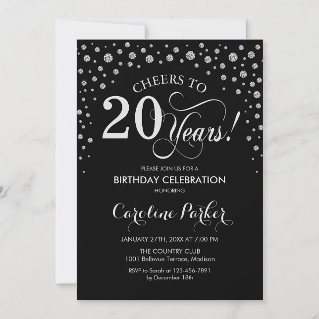 20th Birthday Party Invitation - Silver Black (Front)