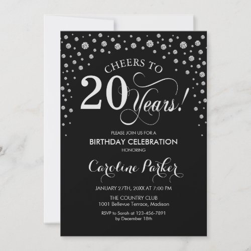 20th Birthday Party Invitation _ Silver Black