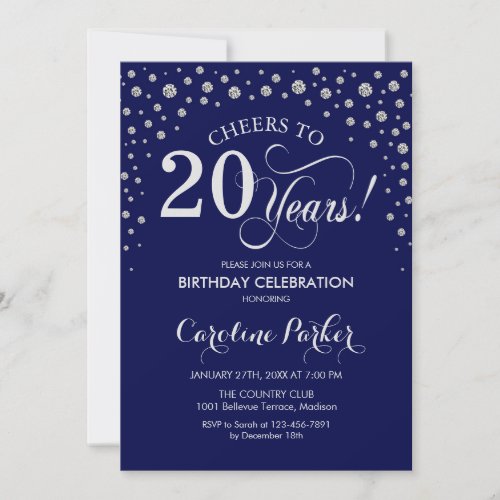 20th Birthday Party Invitation - Silver Navy Blue
