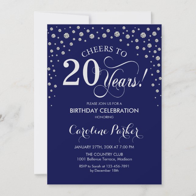 20th Birthday Party Invitation - Silver Navy Blue (Front)
