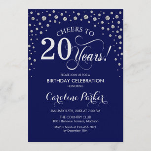 20th Birthday Party Invitation - Silver Navy Blue