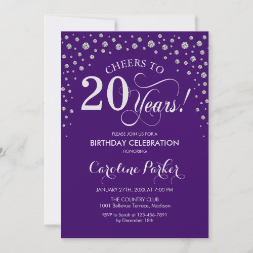 20th Birthday Party Invitation - Silver Purple