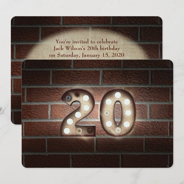 20th Birthday Party-marquee lights on brick Invitation (Front/Back)