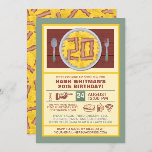 20th Birthday Party Mens Funny Bacon Eggs Theme Invitation