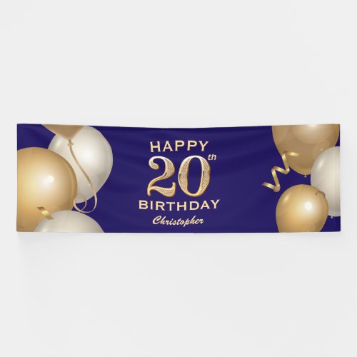 20th Birthday Party Navy Blue and Gold Balloons Banner