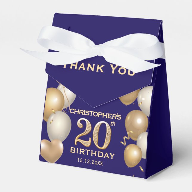 20th Birthday Party Navy Blue and Gold Balloons Favor Boxes (Front Side)