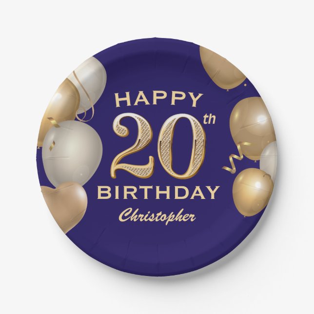 20th Birthday Party Navy Blue and Gold Balloons Paper Plates (Front)