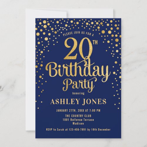 20th Birthday Party _ Navy  Gold Invitation