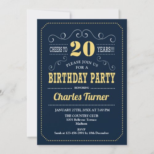 20th Birthday Party _ Navy Gold Invitation