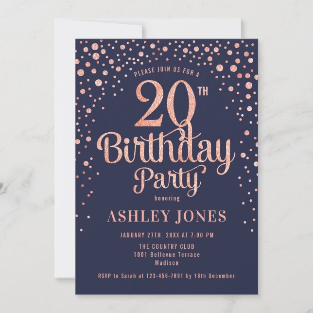 20th Birthday Party - Navy & Rose Gold Invitation (Front)