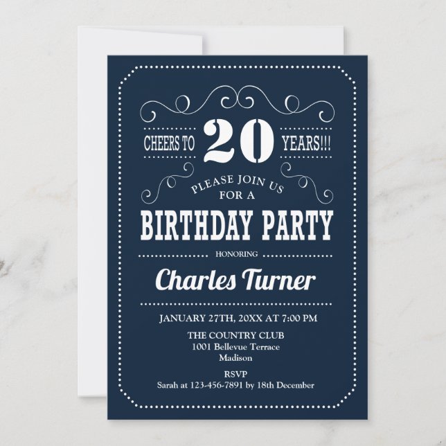 20th Birthday Party - Navy White Invitation (Front)