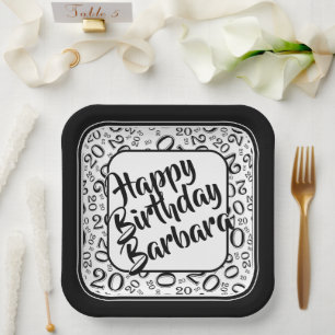 20th Birthday Party Number Pattern Black White Paper Plates
