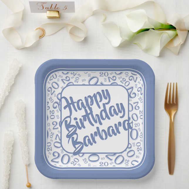 20th Birthday Party Number Pattern Blue White Paper Plates (Wedding)