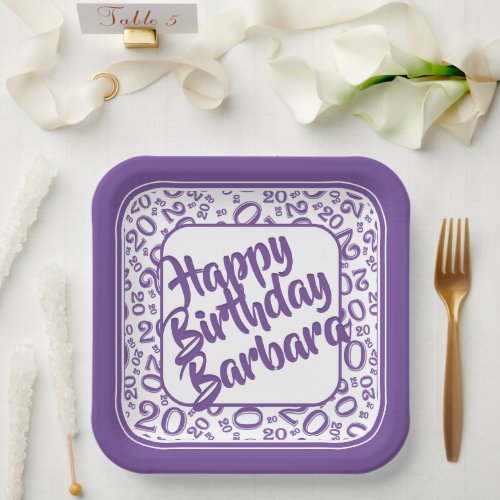 20th Birthday Party Number Pattern Purple White Paper Plates