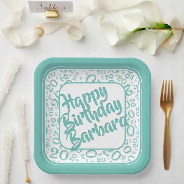 20th Birthday Party Number Pattern Teal White Paper Plates (Wedding)