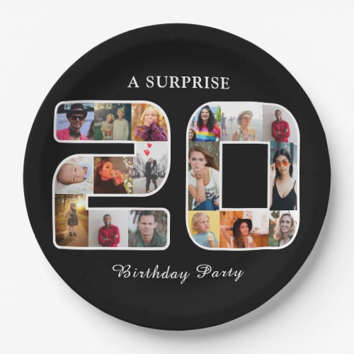 20th Birthday Party Photo Collage Black Paper Plates