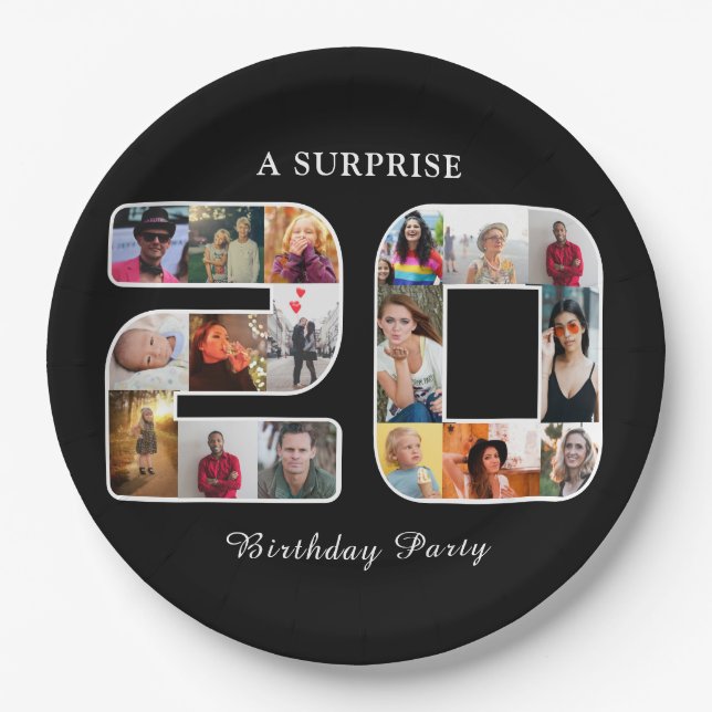 20th Birthday Party Photo Collage Black Paper Plates (Front)