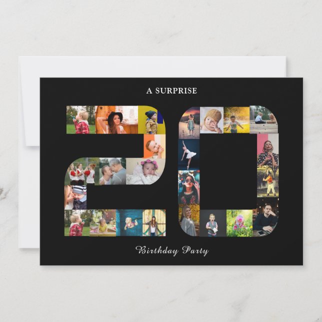 20th Birthday Party Photo Collage Black White Invitation (Front)