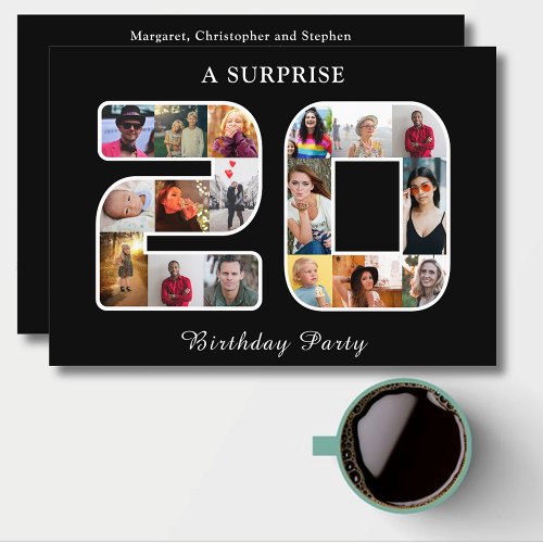 20th Birthday Party Photo Collage Black White Invitation