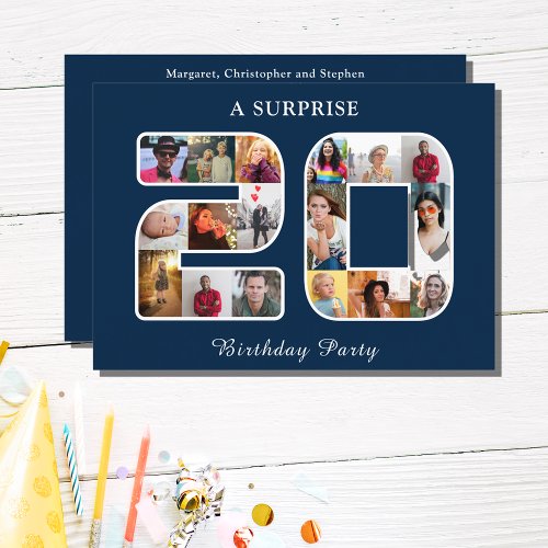 20th Birthday Party Photo Collage Blue White Invitation