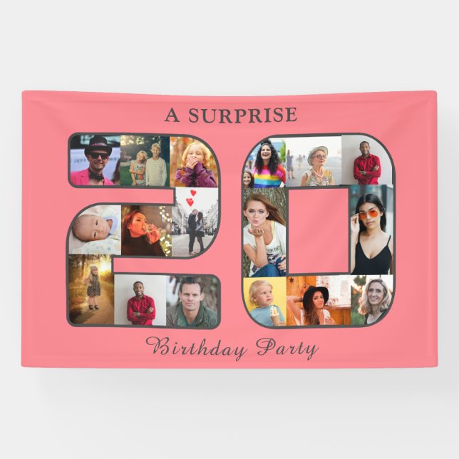 20th Birthday Party Photo Collage Blush Pink Banner (Horizontal)