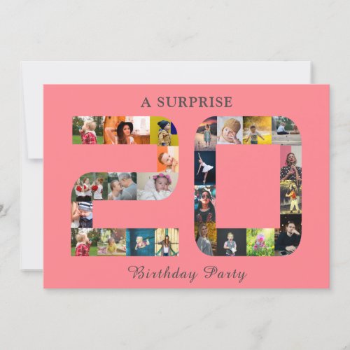 20th Birthday Party Photo Collage Blush Pink Grey Invitation