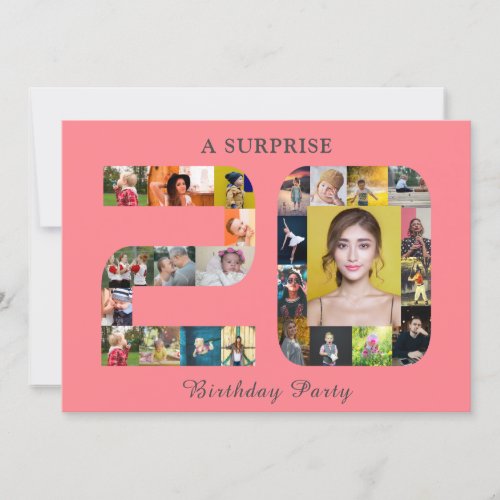 20th Birthday Party Photo Collage Blush Pink Grey Invitation