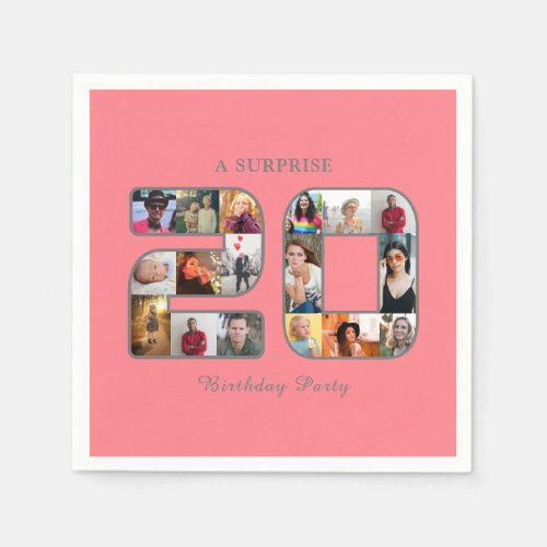 20th Birthday Party Photo Collage Blush Pink Napkins