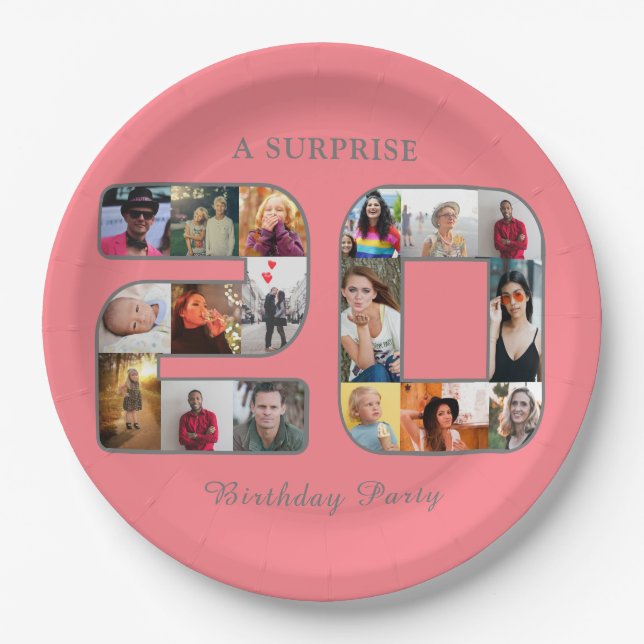 20th Birthday Party Photo Collage Blush Pink Paper Plates (Front)