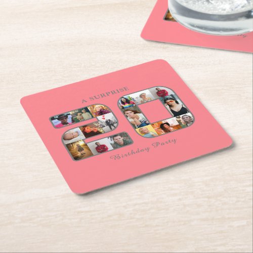 20th Birthday Party Photo Collage Blush Pink Square Paper Coaster