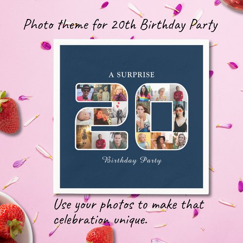 20th Birthday Party Photo Collage Dark Blue Napkins