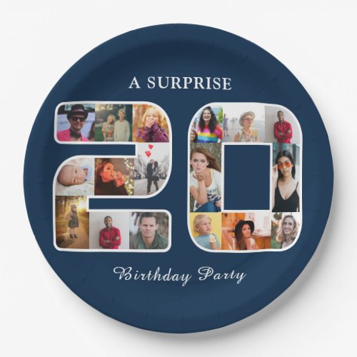 20th Birthday Party Photo Collage Dark Blue Paper Plates